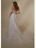 Ivory Floral Lace Glitter Tulle Slit Stunning Wedding Dress